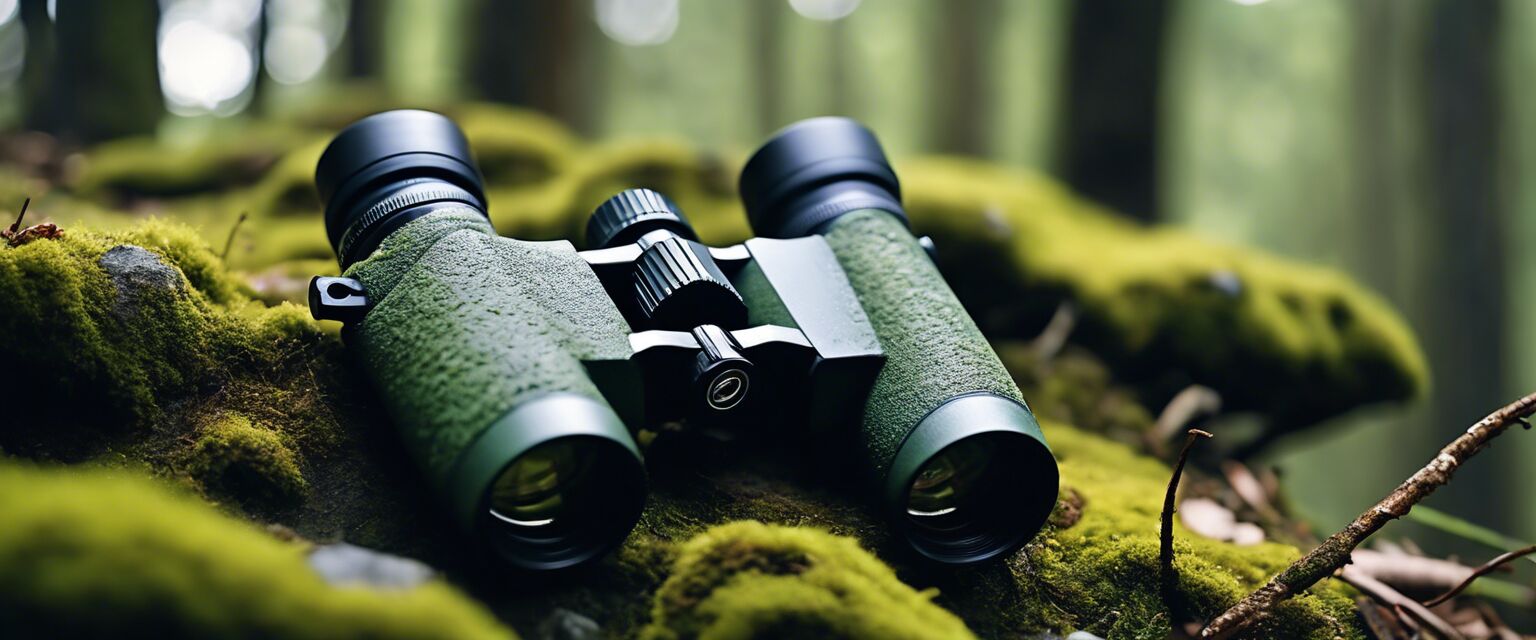 Binoculars on a mossy rock