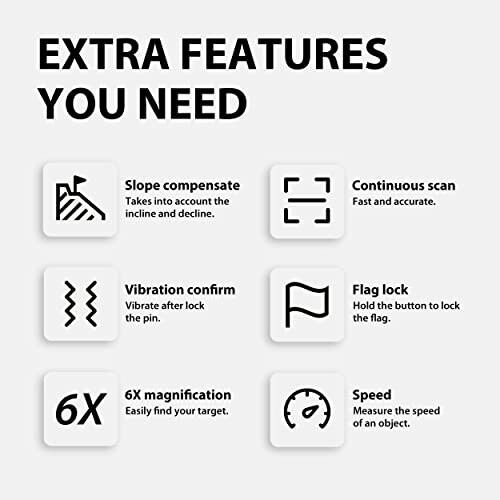 Image listing features of a golf rangefinder: slope compensation, continuous scan, vibration confirm, flag lock, 6X magnification, and speed measurement.