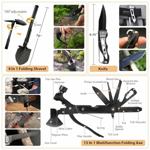 Collage of multifunctional tools, including a folding shovel, knife, and folding axe.