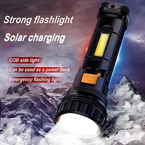 A multi-functional solar charging flashlight with a COB side light.