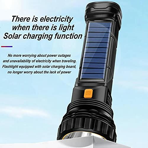 A solar charging flashlight with text about electricity and charging function.