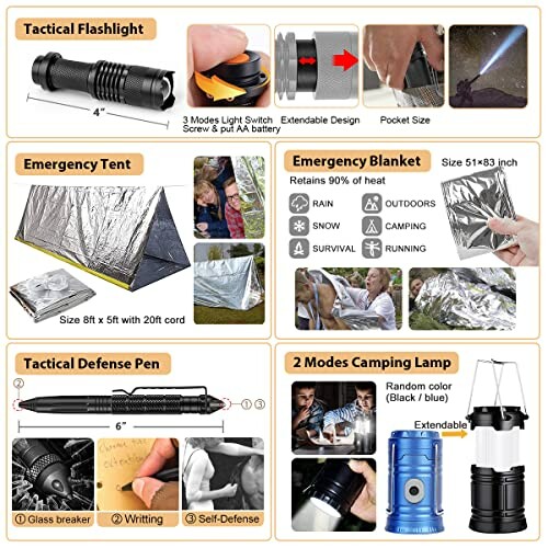 Survival kit with tactical flashlight, emergency tent, blanket, defense pen, camping lamp.