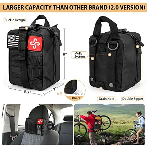 Black tactical first aid kit bag with buckle design and molle system, shown in car and outdoor settings.