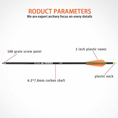 Diagram of an archery arrow with labeled parts: screw point, carbon shaft, plastic vanes, and nock.