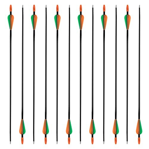 Set of black archery arrows with orange and green fletching.