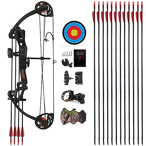 Archery compound bow and arrow set with target and accessories.