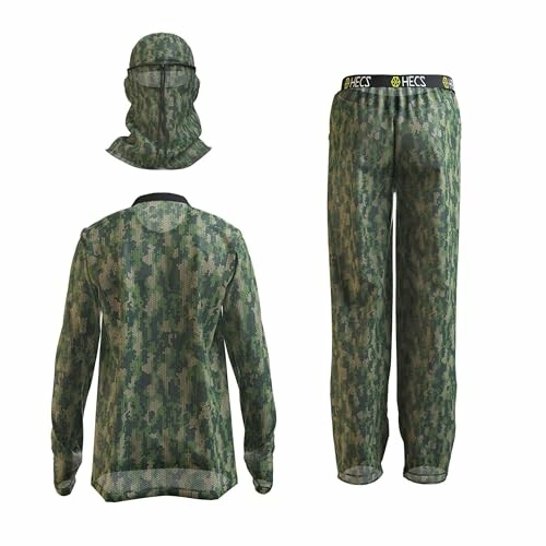 Camouflage hunting clothing set with jacket, pants, and head cover