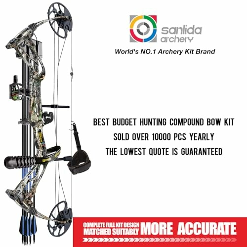 Compound bow kit with accessories and promotional text