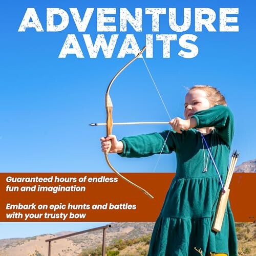 Young girl aiming a bow outdoors with blue sky background.