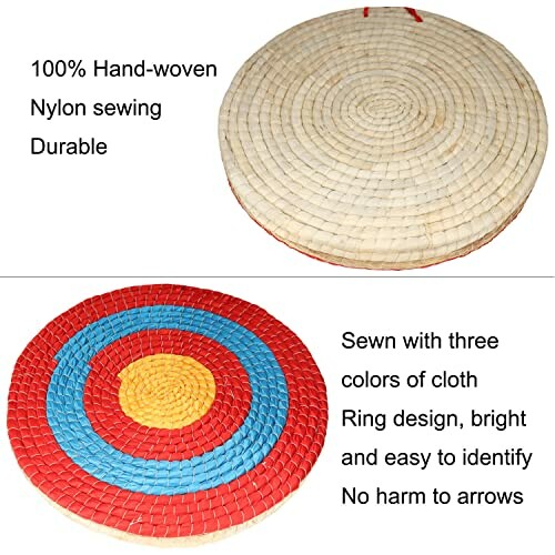 Hand-woven nylon archery target with colorful ring design.