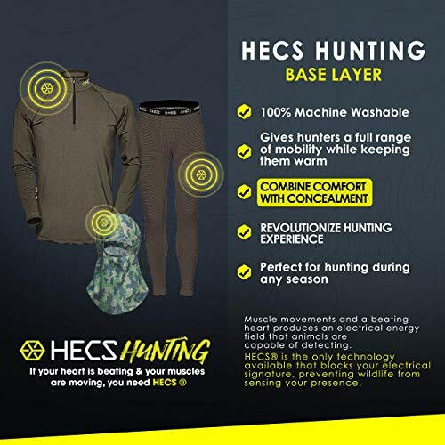 HECS Hunting base layer clothing with features and benefits listed.