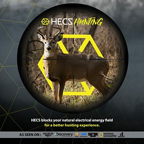 Deer in crosshairs with HECS Hunting logo and slogan.