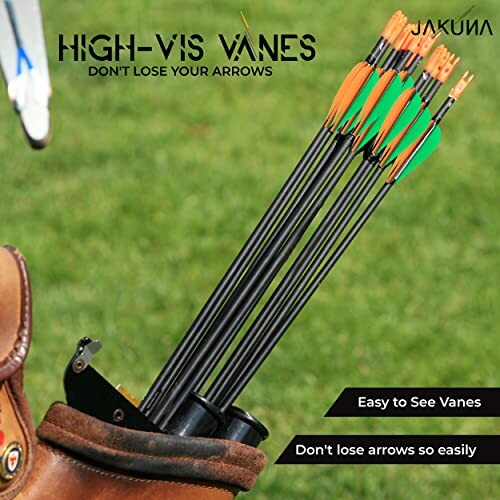 Arrows with high-visibility vanes in a quiver on grass.