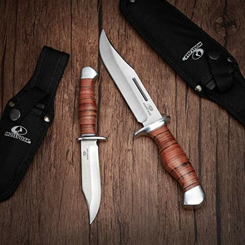 Two hunting knives with leather-wrapped handles and sheaths on a wooden surface.