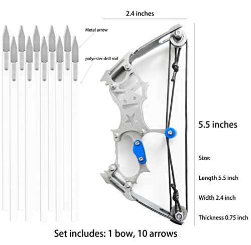 Mini bow with arrows set showing dimensions and components.