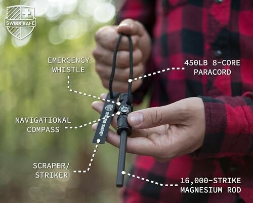 Person holding survival fire starter kit with whistle, compass, scraper, paracord, and magnesium rod.